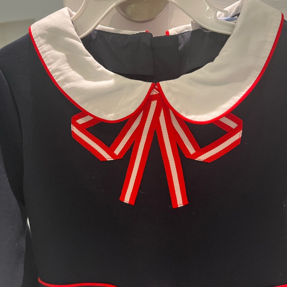 Charming Navy and White Kids Dress with Red Accents